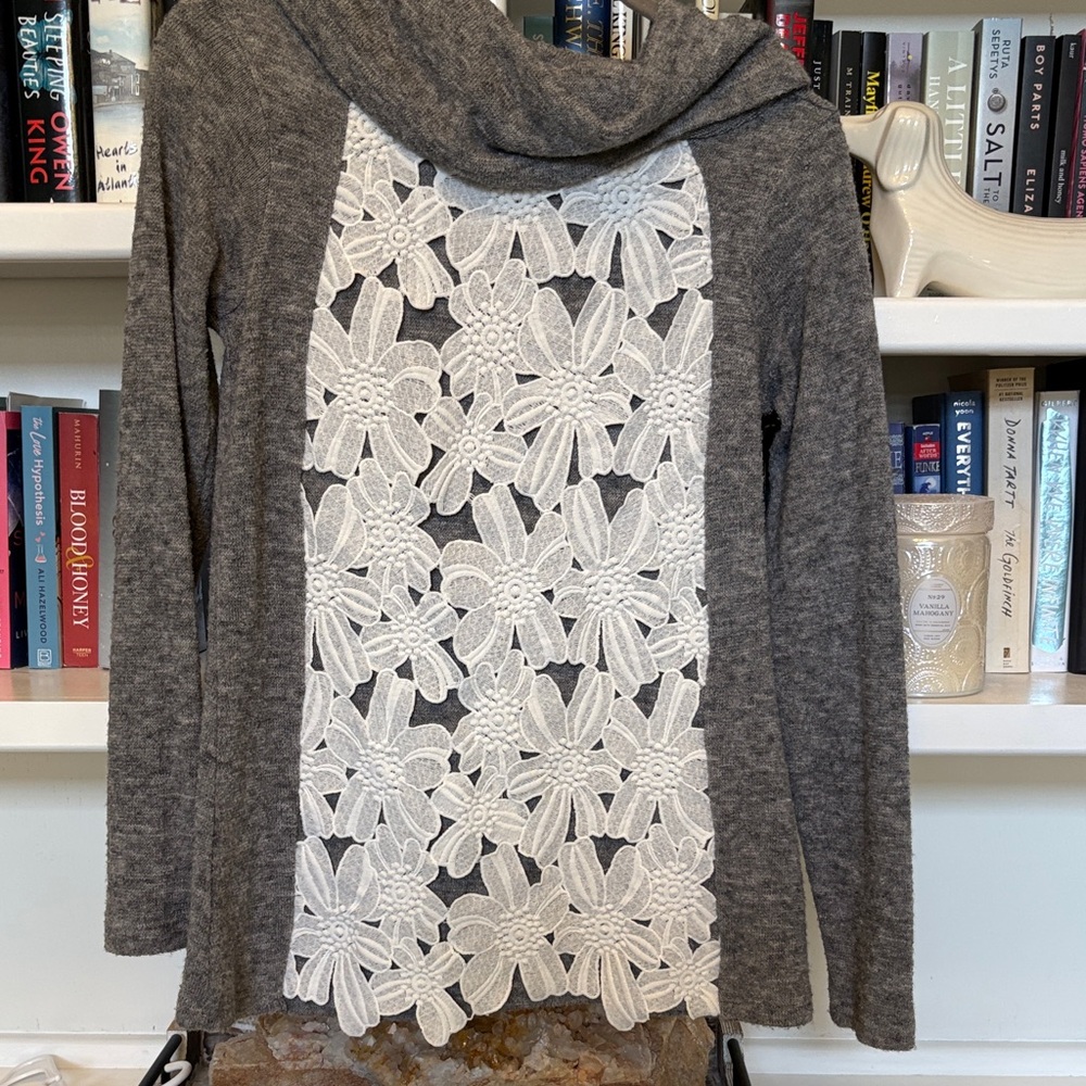 A’reve Gray sweater with White floral lace n front, size small.